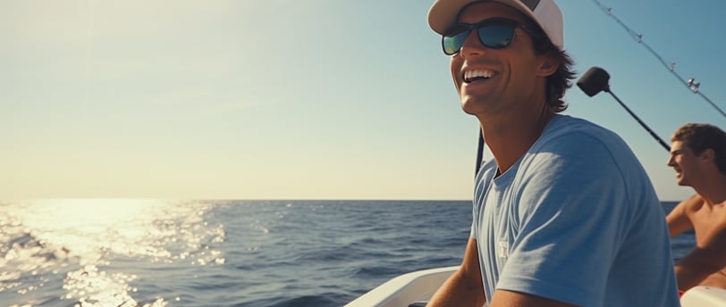 a man in a hat and sunglasses on a boat