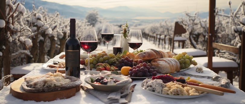 a table with food and wine with a view of snow-covered vineyard