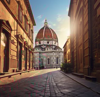 Sunlight illuminates street in front of cathedral