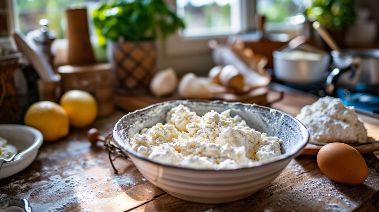 fresh Ricotta cheese on a bowl in an italian kitchen
