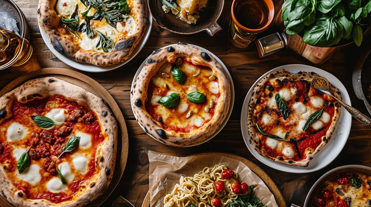 a table with a variety of italian dishes