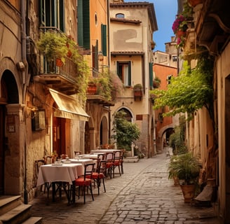 A charming Italian street with outdoor seating at quaint tables and chairs