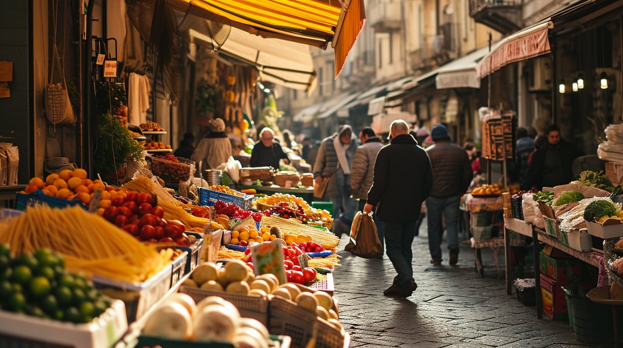 people walking along a street food market in italy