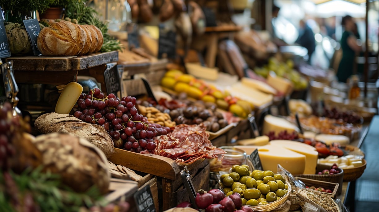 a variety of fruits and vegetables on display in a street market in italy