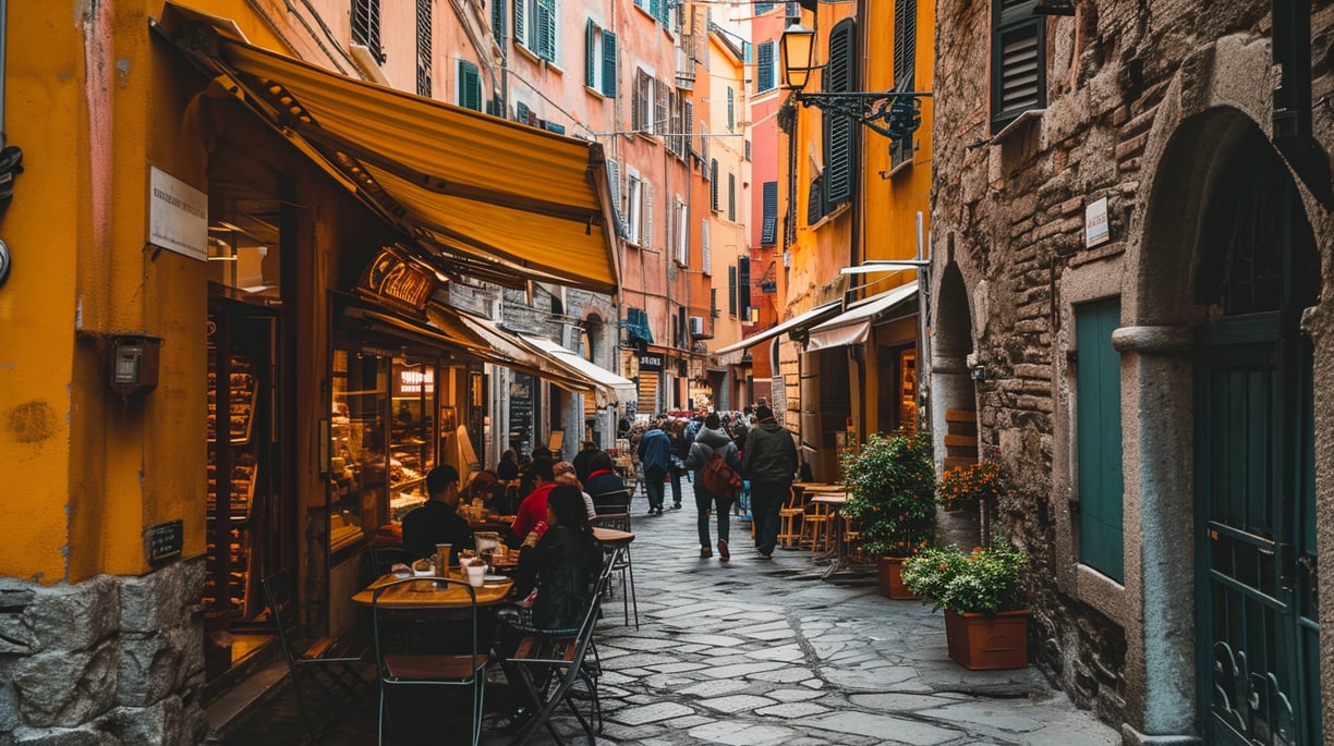 a narrow alley with people walking down a narrow alley