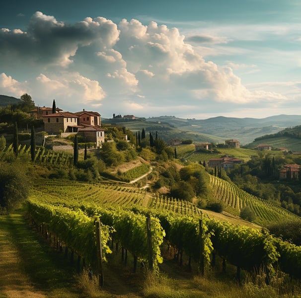 A picturesque view of lush vineyards rolling over gentle hills under a clear blue sky, showcasing nature's beauty