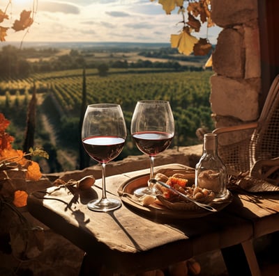 Wine glasses and cheese on a table with a vineyard in the background
