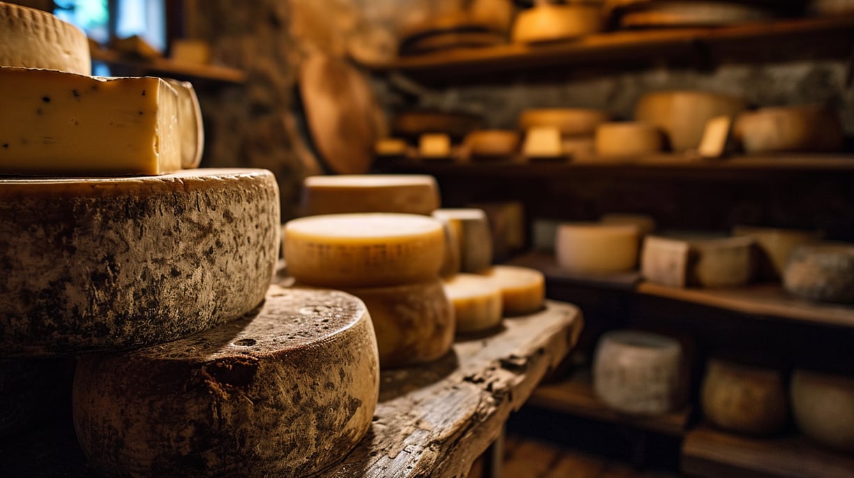 a bunch of cheese wheels in italy