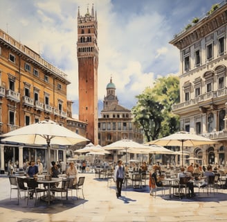 A city square painting with people at tables, enjoying a sunny day outdoors