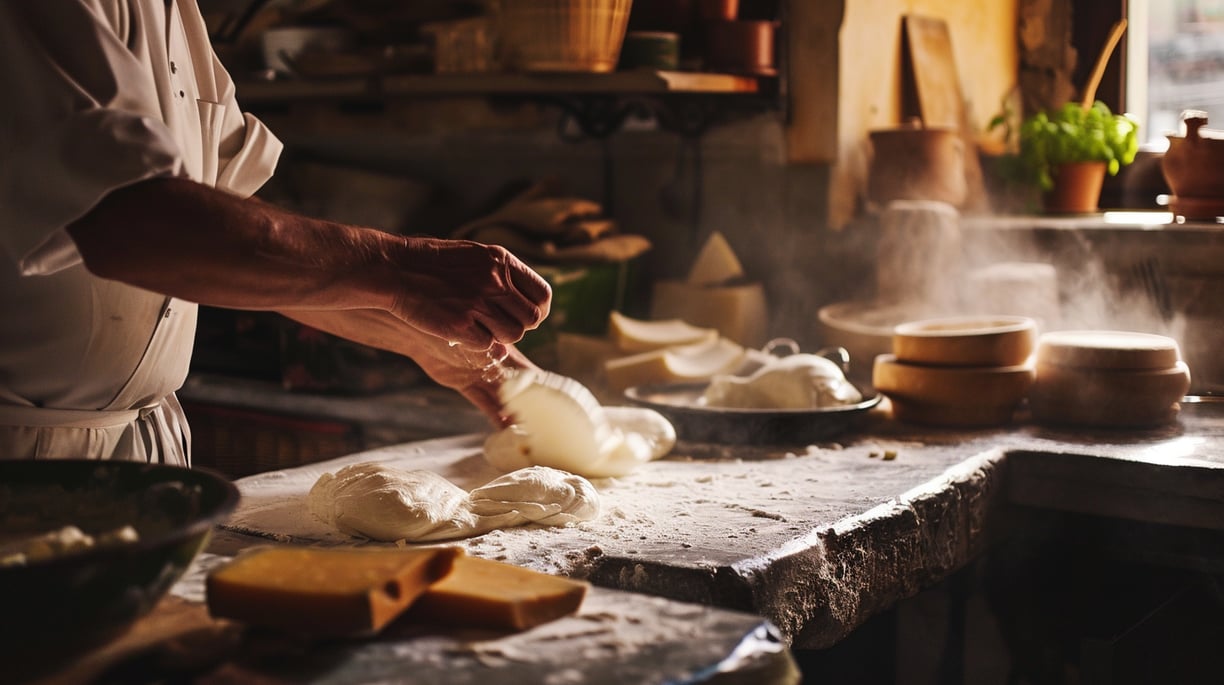 a chef doing the traditional process of making Mozzarella in Italy