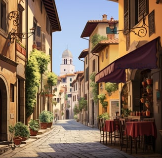 Outdoor dining area on historic Italian street with charming tables and chairs