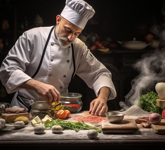 Chef cooking in kitchen with smoke rising from stove