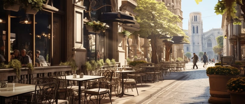 a street scene with tables and chairs and a clock tower