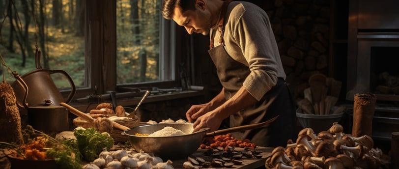 a man in a apron and is preparing food