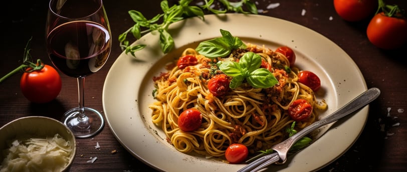 A plate of spaghetti topped with fresh tomatoes and basil leaves