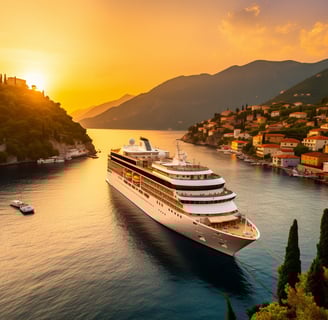 A cruise ship in the bay at sunset, with the sun casting a warm glow on the water