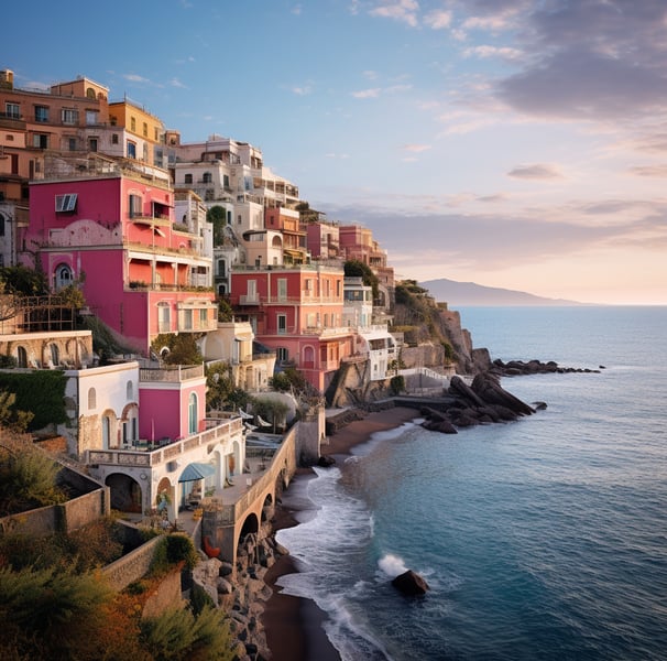 A picturesque view of Positano, Italy, showcasing its colorful cliffside buildings and stunning coastal scenery
