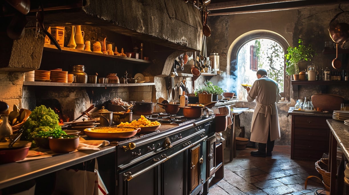 a chef in a traditional kitchen in italy