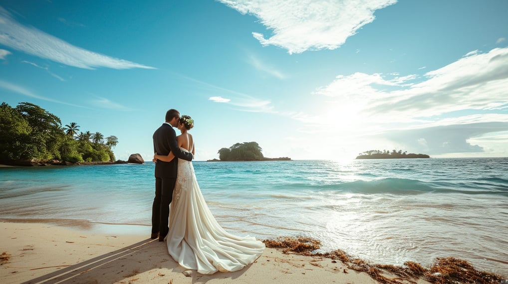 a bride and groom standing on a beach a bride and groom standing on a beach