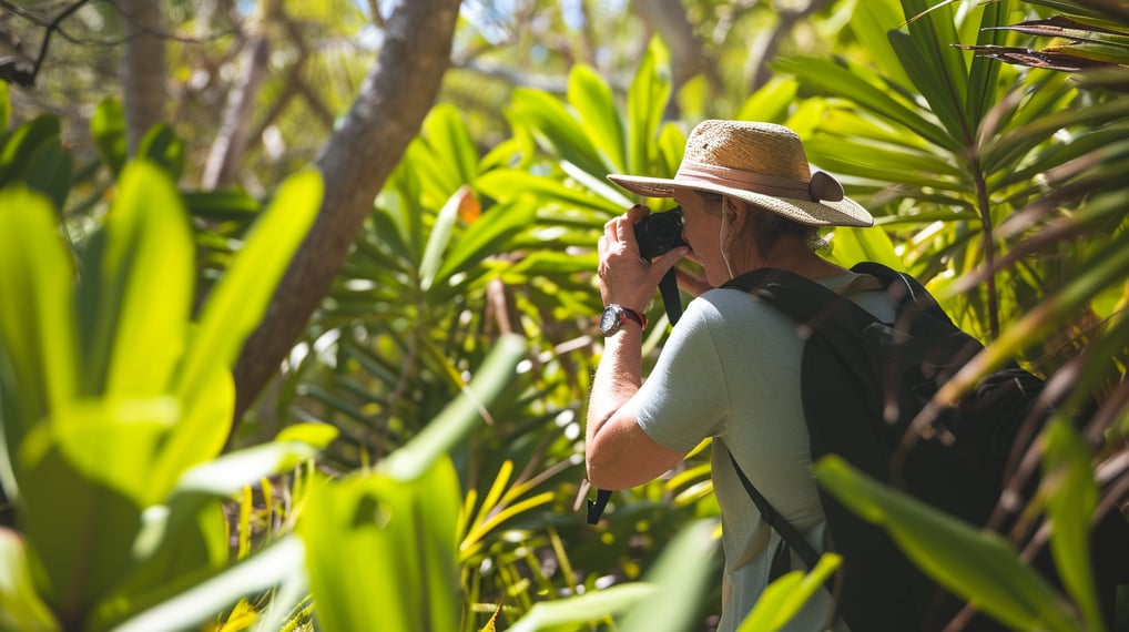 a man in a hat and a backpacker on a tripod a man in a hat and a backpacker on a tripod