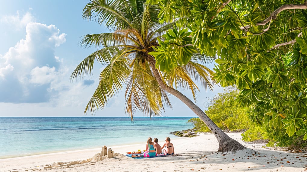 three people sitting on a beach sand under a palm tree three people sitting on a beach sand under a palm tree