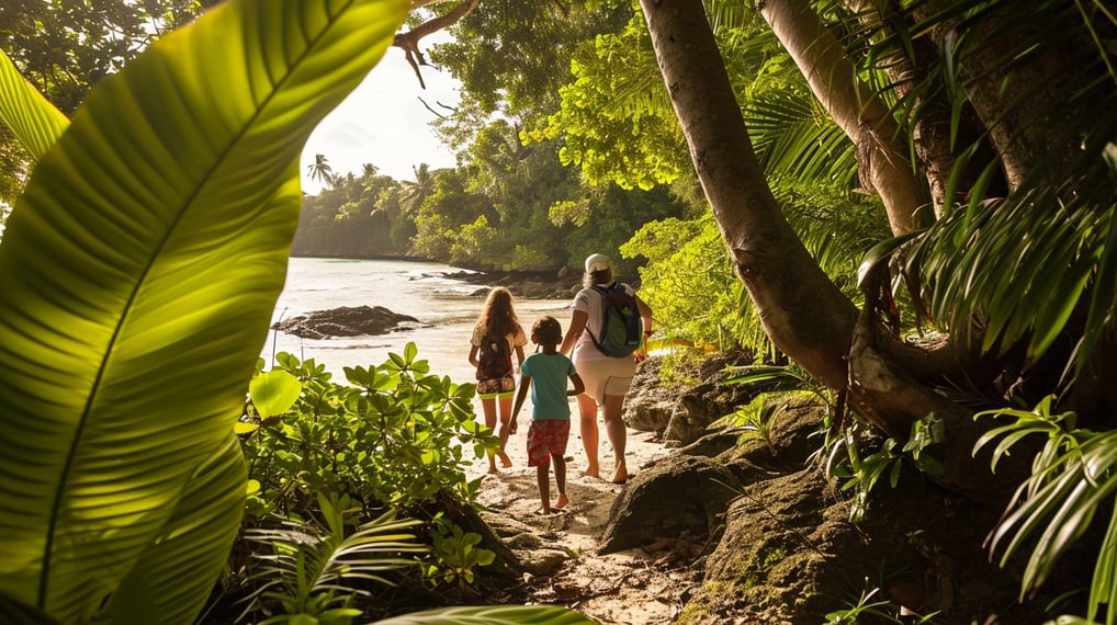 a family walking down a path in the jungle a family walking down a path in the jungle