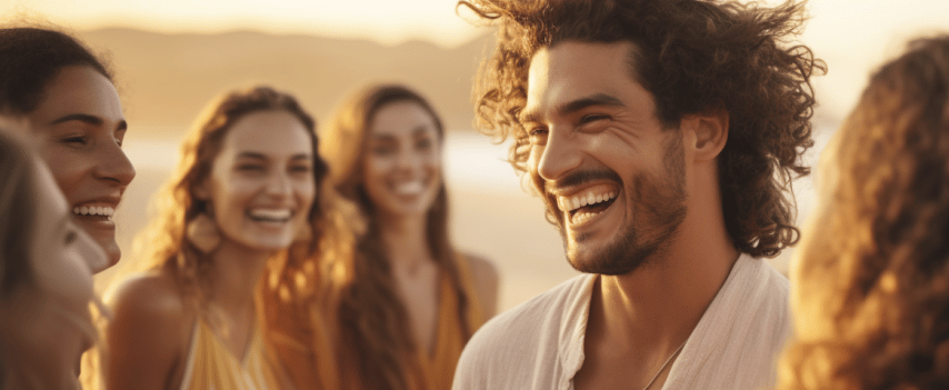 A diverse group of friends laughing joyfully together on the sandy beach.
