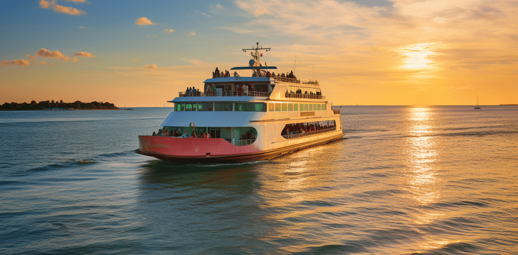 A ferry boat sailing on the water during sunset, with the sun casting a warm glow on the horizon.