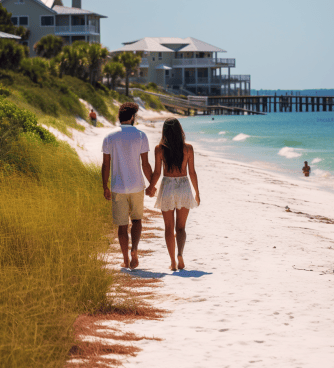 a newlywed couple walking on the beach towards their resort in Sanibel, Southwest Florida