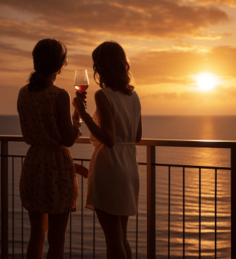 lesbian newlyweds toasting wine and watching the sunset from the balcony of their Fort Myers Condo