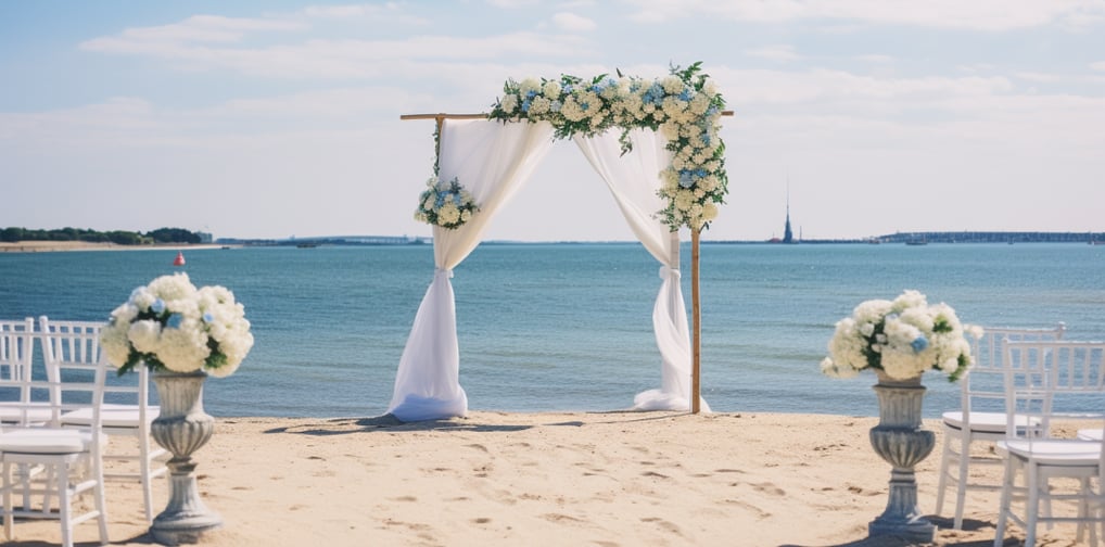a decorated altar with nautical colors for a beach wedding