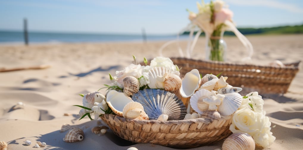 seashells, woven baskets, and white roses as beach wedding decor