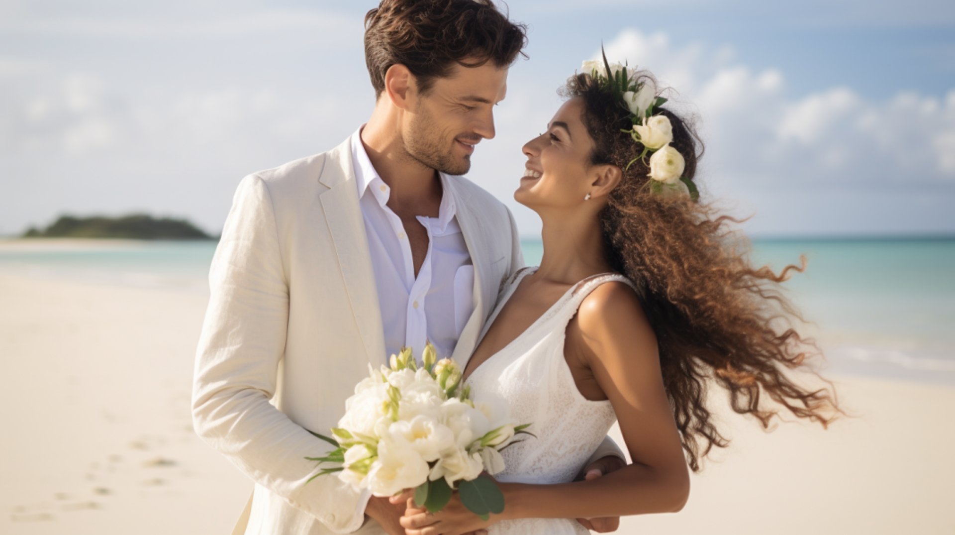 A bride and groom standing on a sandy beach, holding hands and looking at each other lovingly.