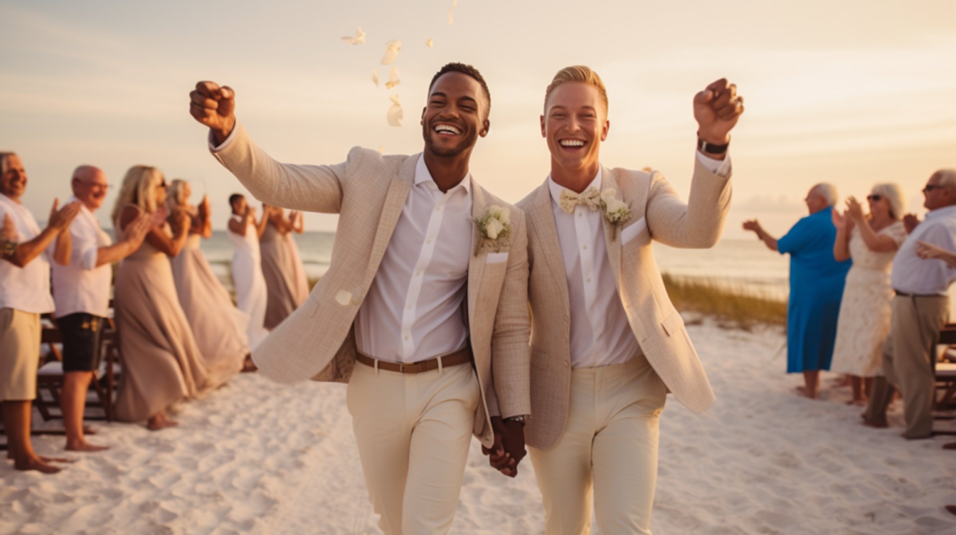 Two men in suits walking along the sandy beach, with waves crashing in the background.