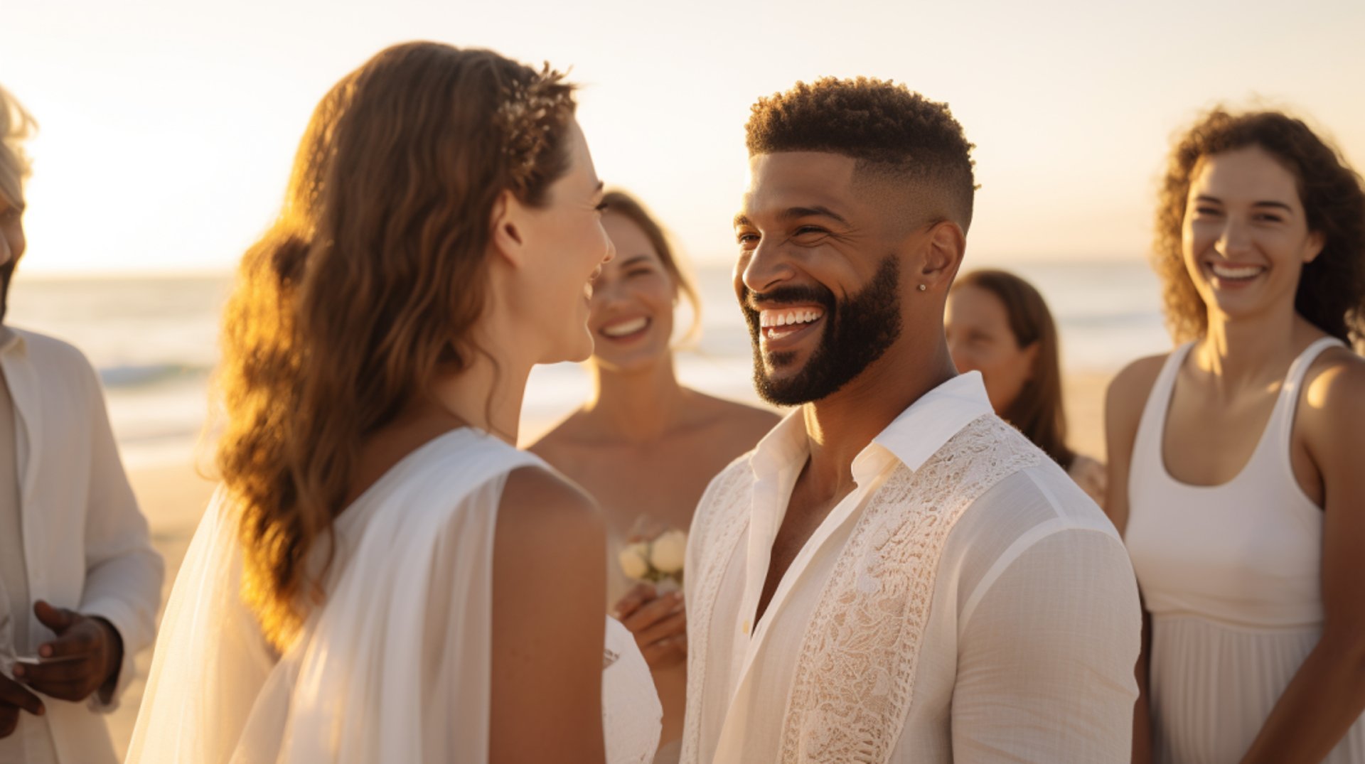 A man and woman share a joyful smile while standing together on a picturesque beach.