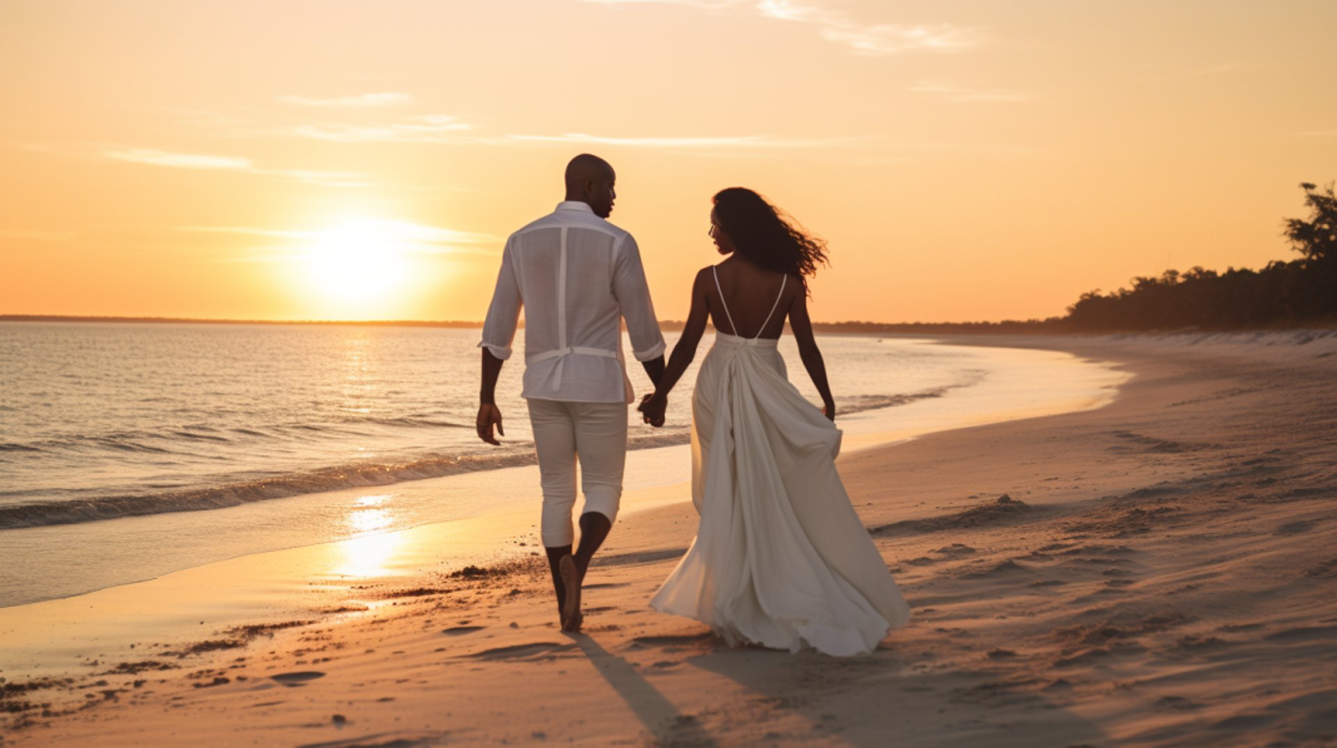 A newlywed couple strolls hand in hand along the beach, illuminated by the warm glow of a sunset.