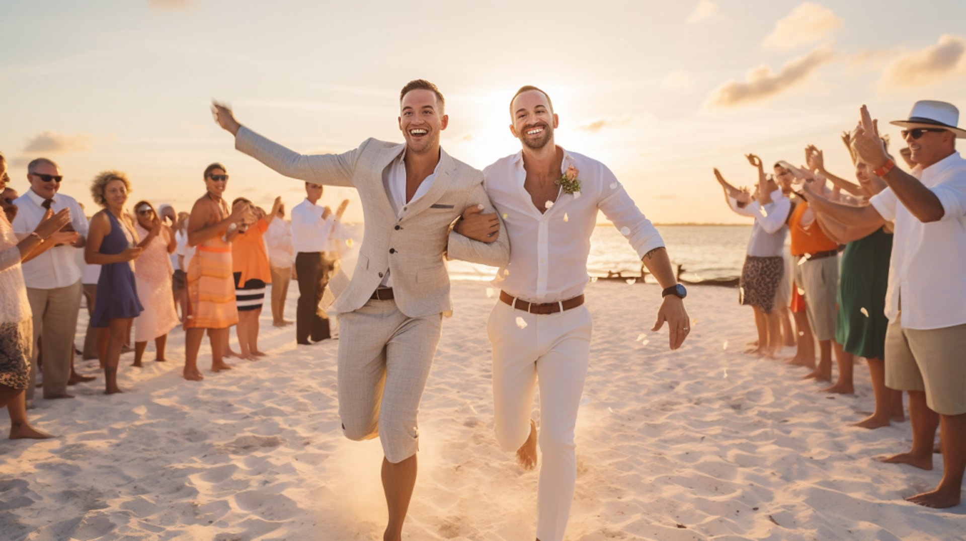 Two men in white suits sprinting joyfully along a sandy beach under a clear blue sky.