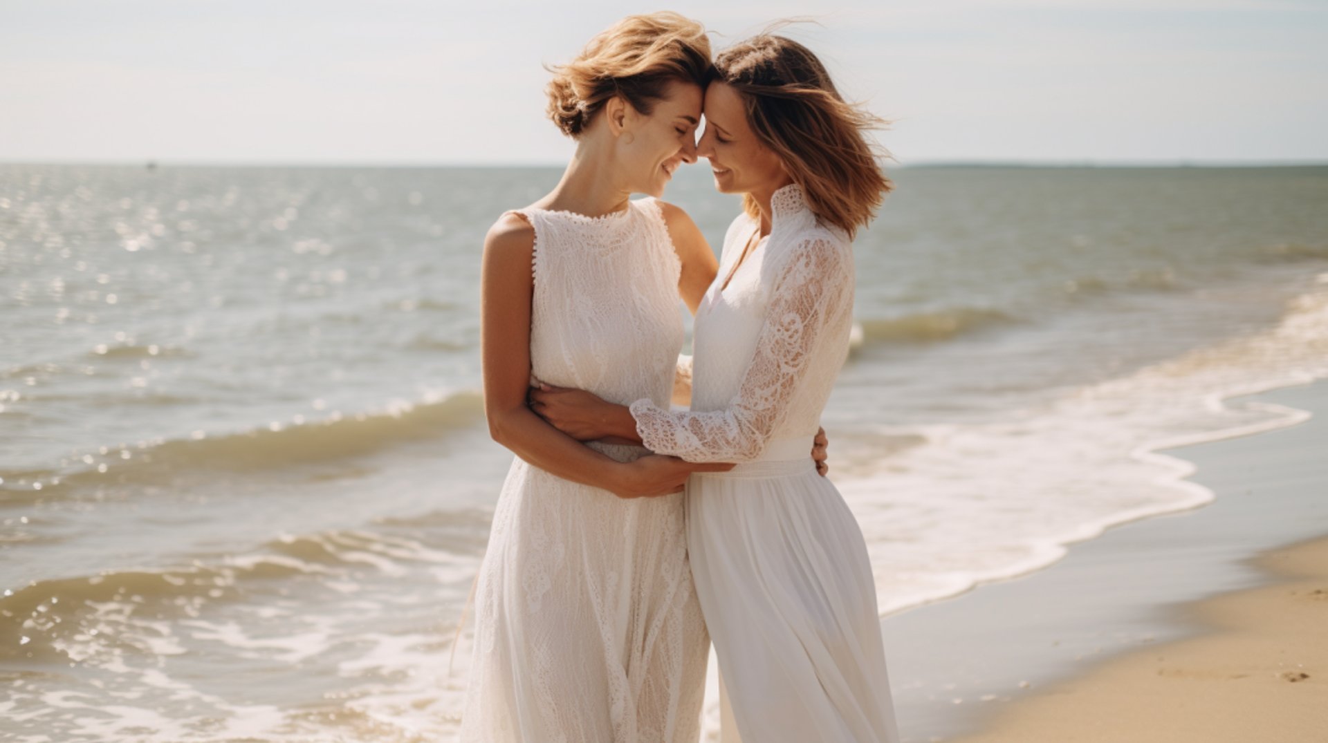 Two women in elegant white dresses stand together on a serene beach, with gentle waves lapping at the shore.
