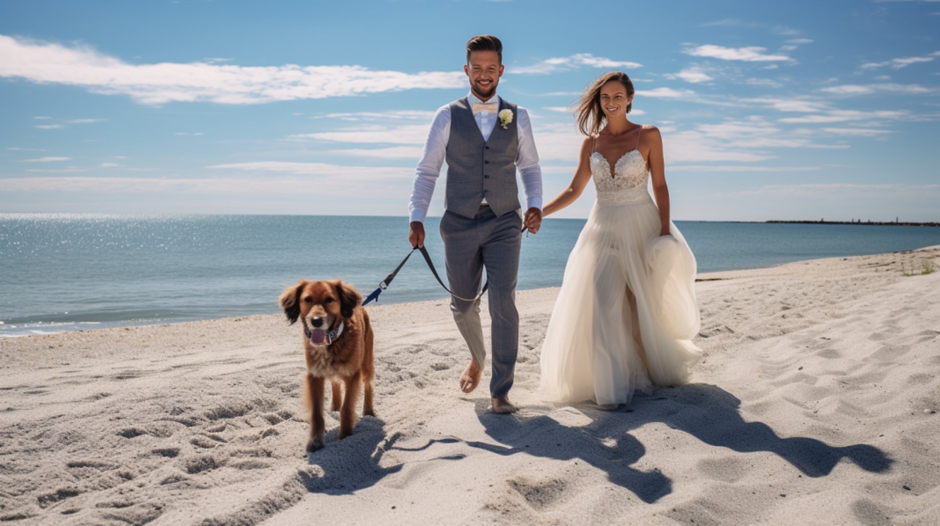 A bride and groom walking their dog on the beach, enjoying a peaceful moment together.