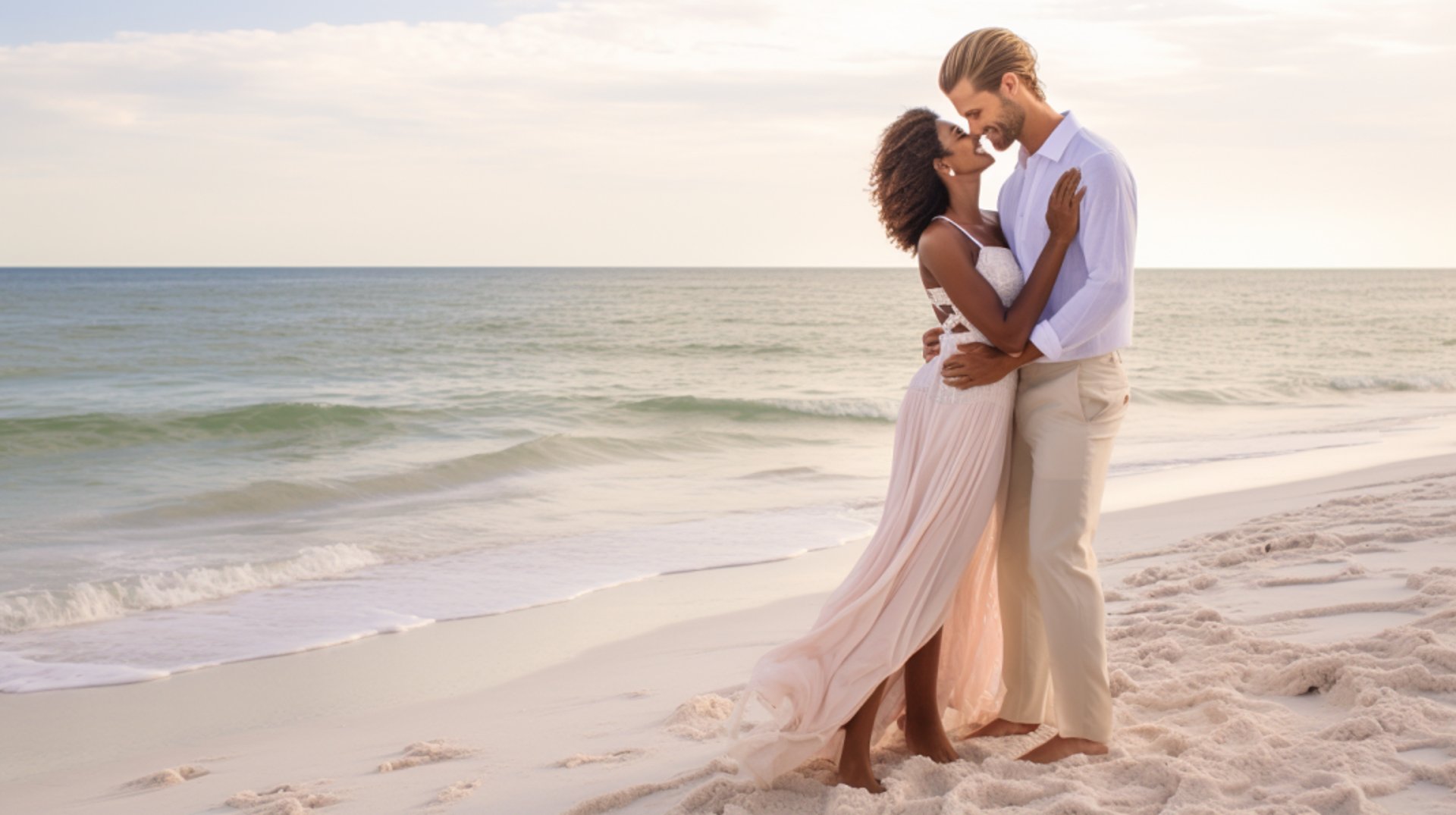 A couple enjoying a sunny day on a Florida beach, with clear blue skies and palm trees in the background.