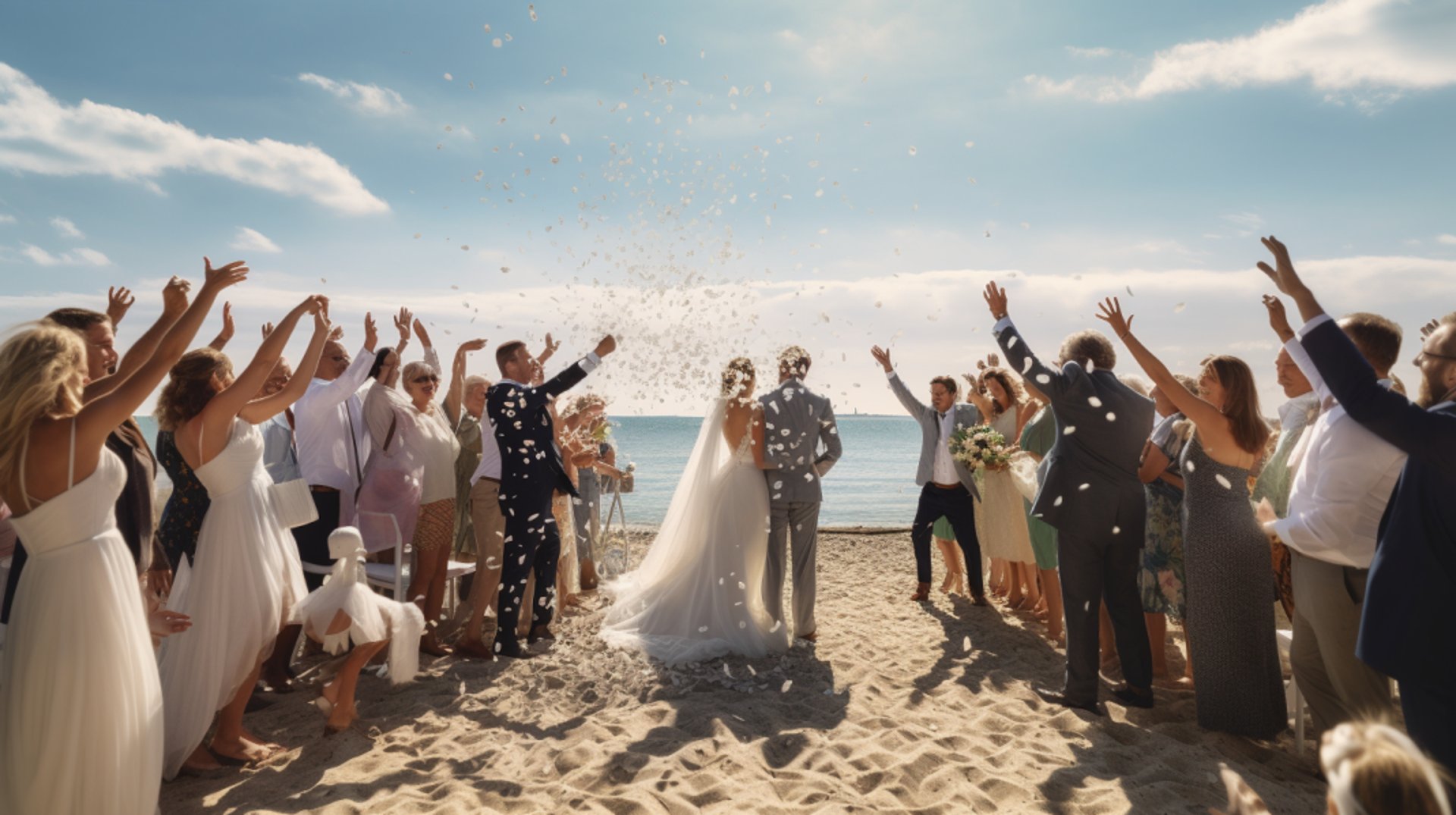 A wedding party celebrating on the beach with confetti.