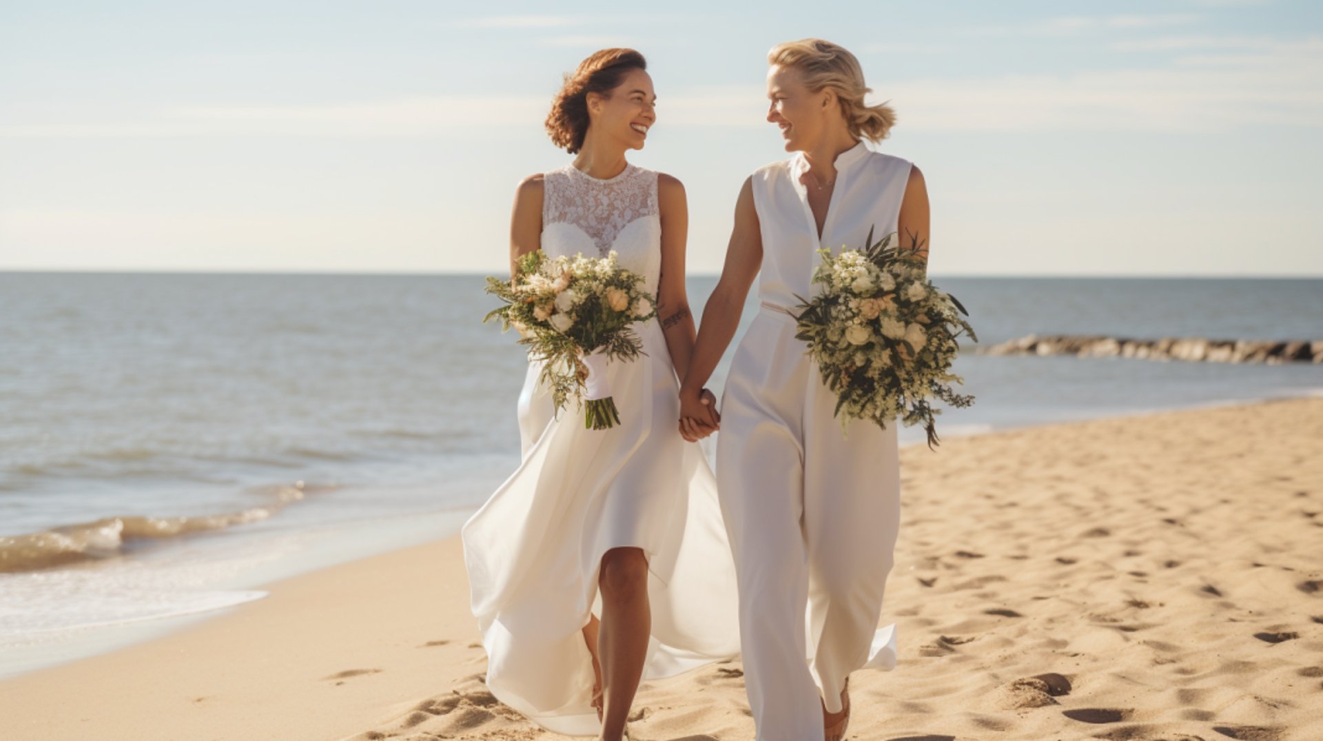 Two women in white wedding dresses walking on the beach, holding hands and smiling.