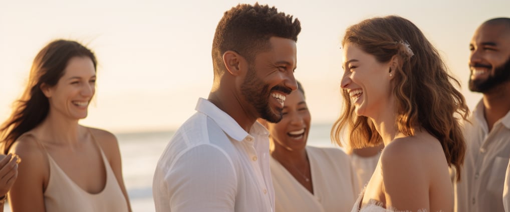 A diverse group of individuals happily socializing, sharing laughter and smiles.