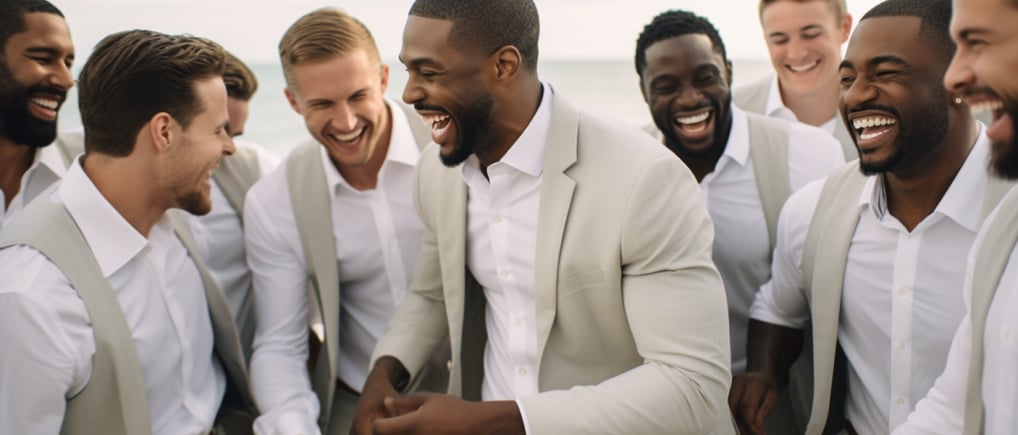 A group of men dressed in white shirts and ties, standing together in a professional setting.