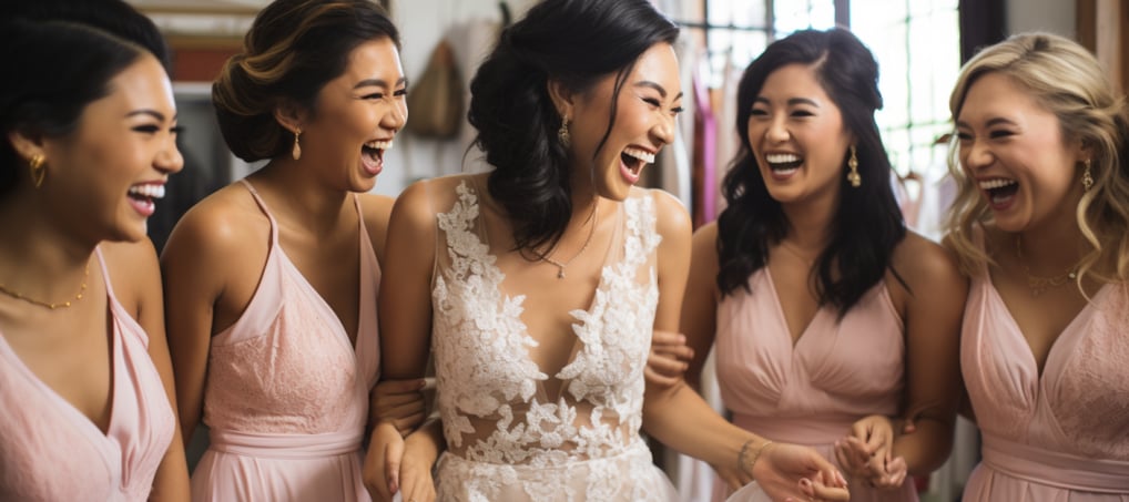 Bridesmaids laughing and smiling in front of a mirror, getting ready for the wedding day.