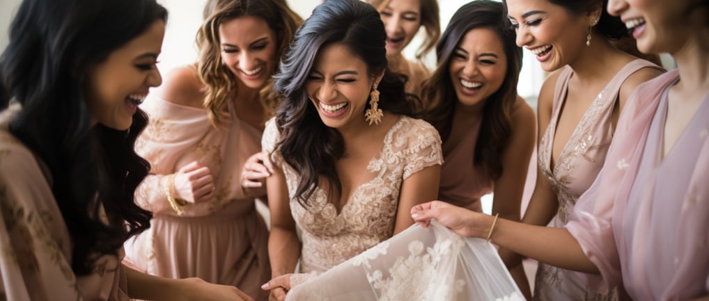 Bridesmaids joyfully holding a wedding cake, laughing and smiling together.
