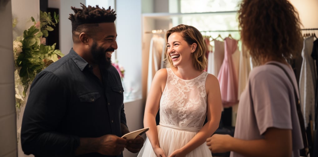 a bride-to-be trying out her beach wedding dress