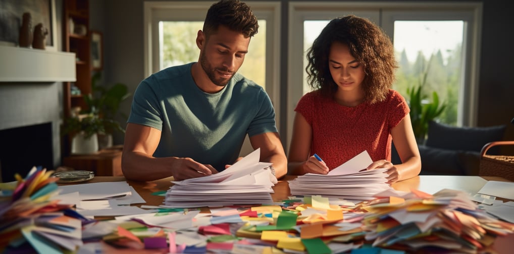 an engaged couple planning out their beach wedding