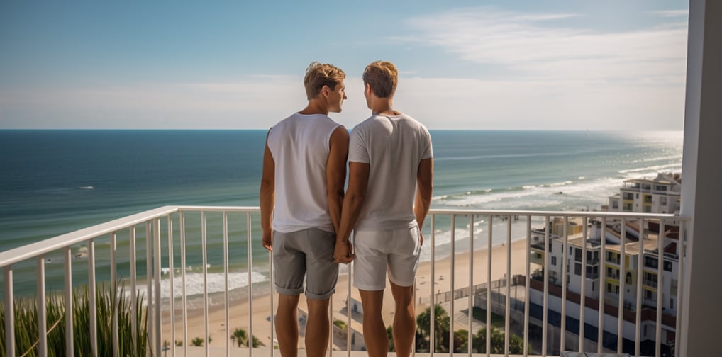 a gay couple scoping out their beach wedding location from a balcony