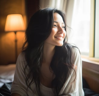 Asian lady tourist in a hotel room in Greece